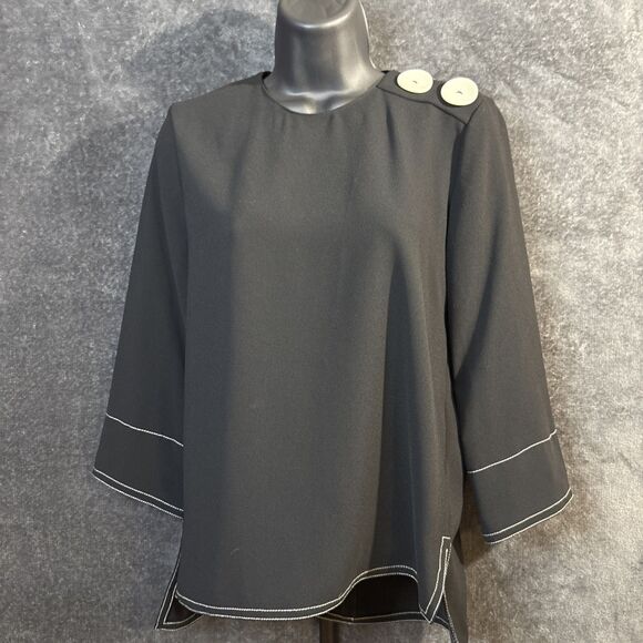 NWT ZARA Women 3/4 Sleeve High-Low Contrast Stitch Button Blouse SZ XXS Black - Picture 6 of 12